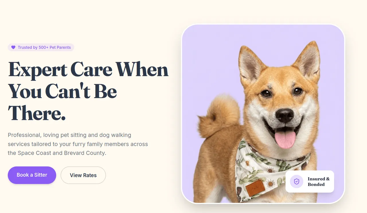 Website for Amanda's Critter Care, a local Brevard County pet-care business, designed by Forty Five North Media